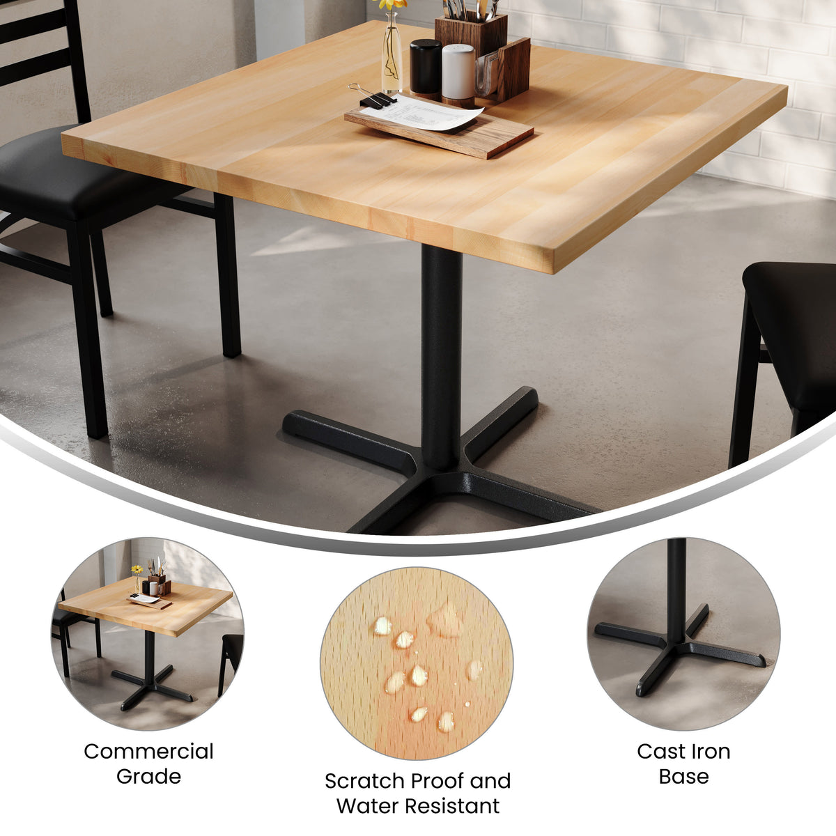 Natural Top/Black Base |#| Commercial 36" SQ Natural Tabletop-30x30 Table Height Black Cast Iron X Base