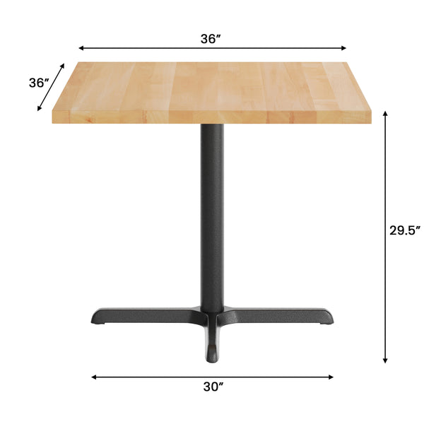 Natural Top/Black Base |#| Commercial 36" SQ Natural Tabletop-30x30 Table Height Black Cast Iron X Base