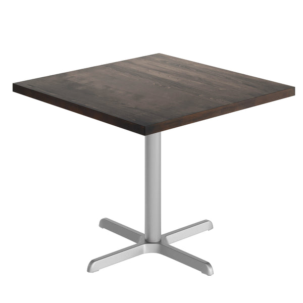 Dark Brown Top/Silver Base |#| Commercial 36" SQ Dark Brown Tabletop-30x30 Table Height Silver Cast Iron X Base