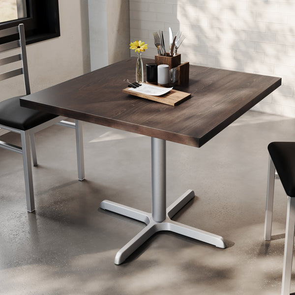 Dark Brown Top/Silver Base |#| Commercial 36" SQ Dark Brown Tabletop-30x30 Table Height Silver Cast Iron X Base