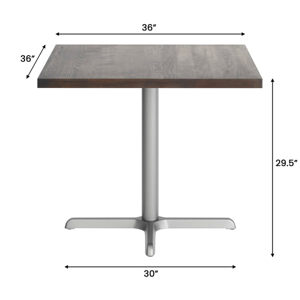 Dark Brown Top/Silver Base |#| Commercial 36" SQ Dark Brown Tabletop-30x30 Table Height Silver Cast Iron X Base