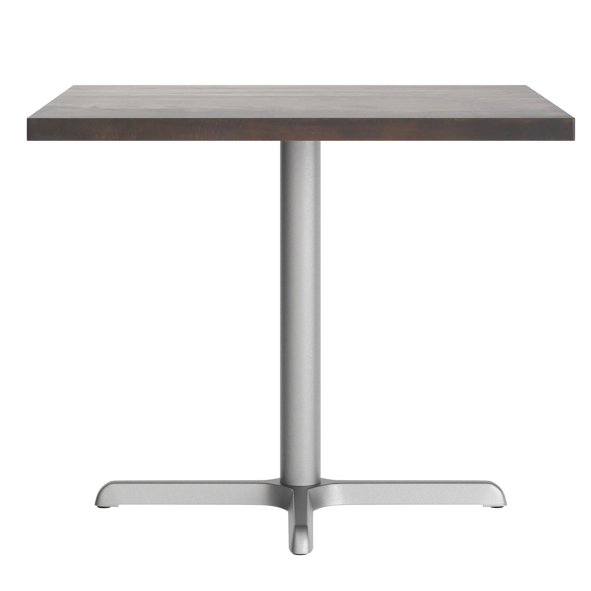 Dark Brown Top/Silver Base |#| Commercial 36" SQ Dark Brown Tabletop-30x30 Table Height Silver Cast Iron X Base