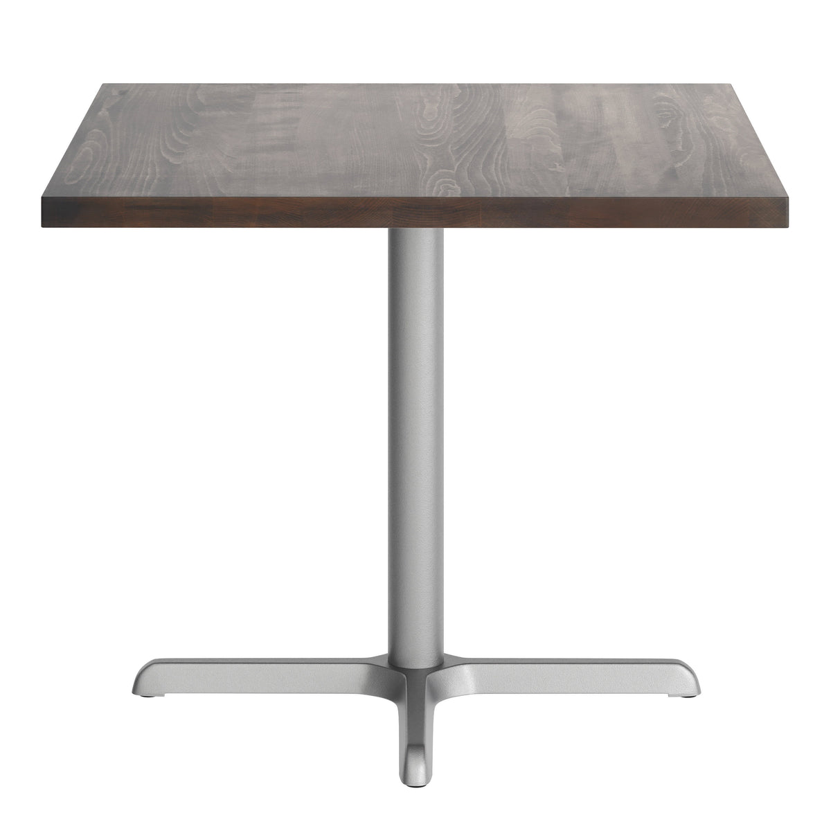 Dark Brown Top/Silver Base |#| Commercial 36" SQ Dark Brown Tabletop-30x30 Table Height Silver Cast Iron X Base
