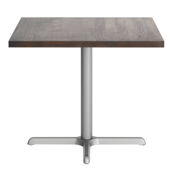 Dark Brown Top/Silver Base |#| Commercial 36" SQ Dark Brown Tabletop-30x30 Table Height Silver Cast Iron X Base