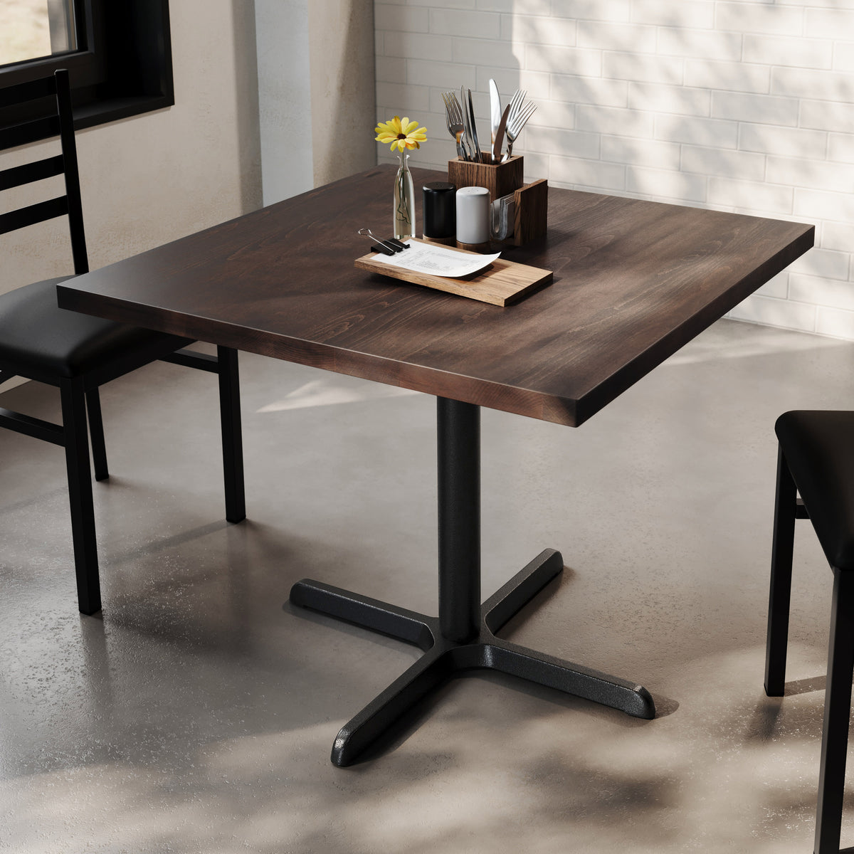 Dark Brown Top/Black Base |#| Commercial 36" SQ Dark Brown Tabletop-30x30 Table Height Black Cast Iron X Base