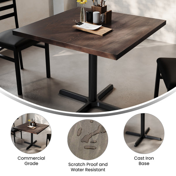 Dark Brown Top/Black Base |#| Commercial 36" SQ Dark Brown Tabletop-30x30 Table Height Black Cast Iron X Base