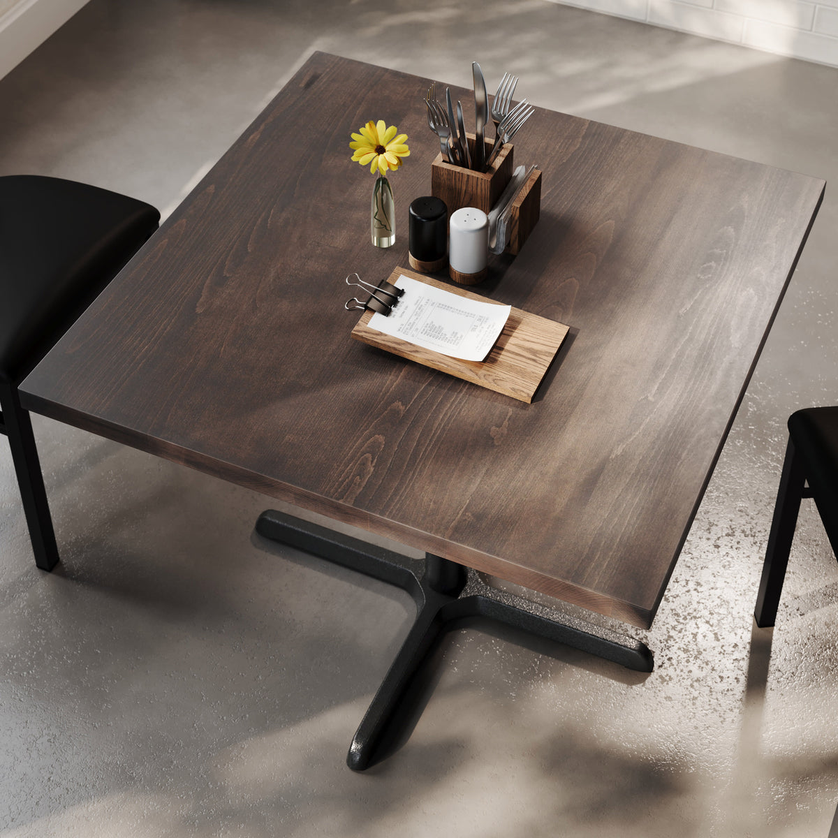 Dark Brown Top/Black Base |#| Commercial 36" SQ Dark Brown Tabletop-30x30 Table Height Black Cast Iron X Base