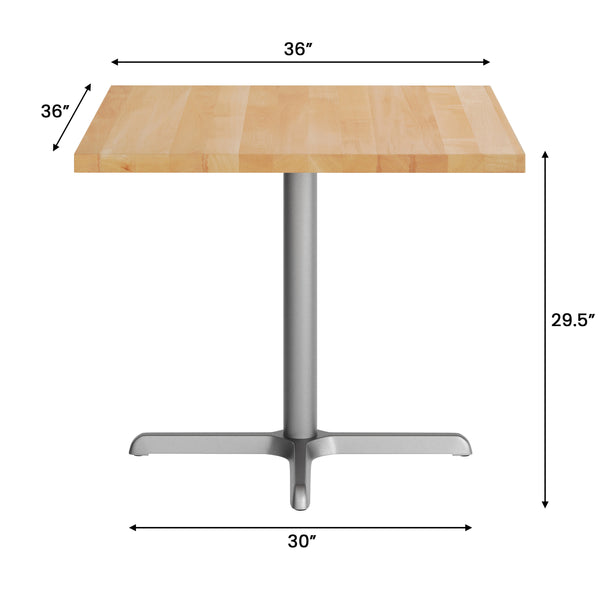 Natural Top/Silver Base |#| Commercial 36" SQ Natural Tabletop-30x30 Table Height Silver Cast Iron X Base