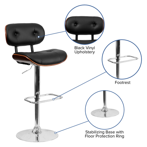 Walnut |#| Walnut Bentwood Adjustable Height Barstool with Button Tufted Black Vinyl Seat