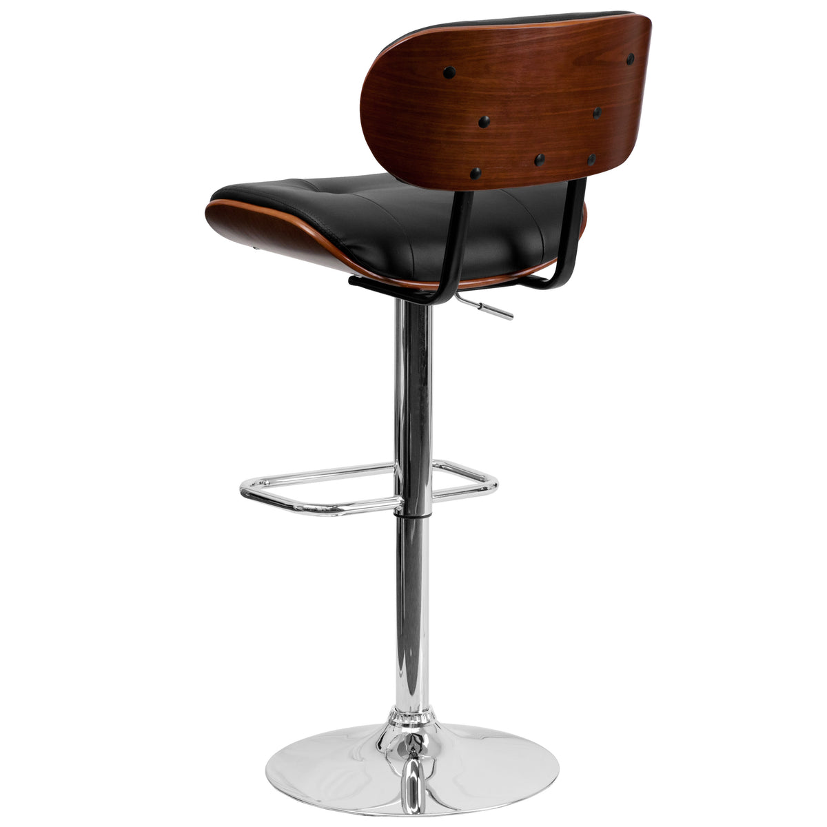 Walnut |#| Walnut Bentwood Adjustable Height Barstool with Button Tufted Black Vinyl Seat