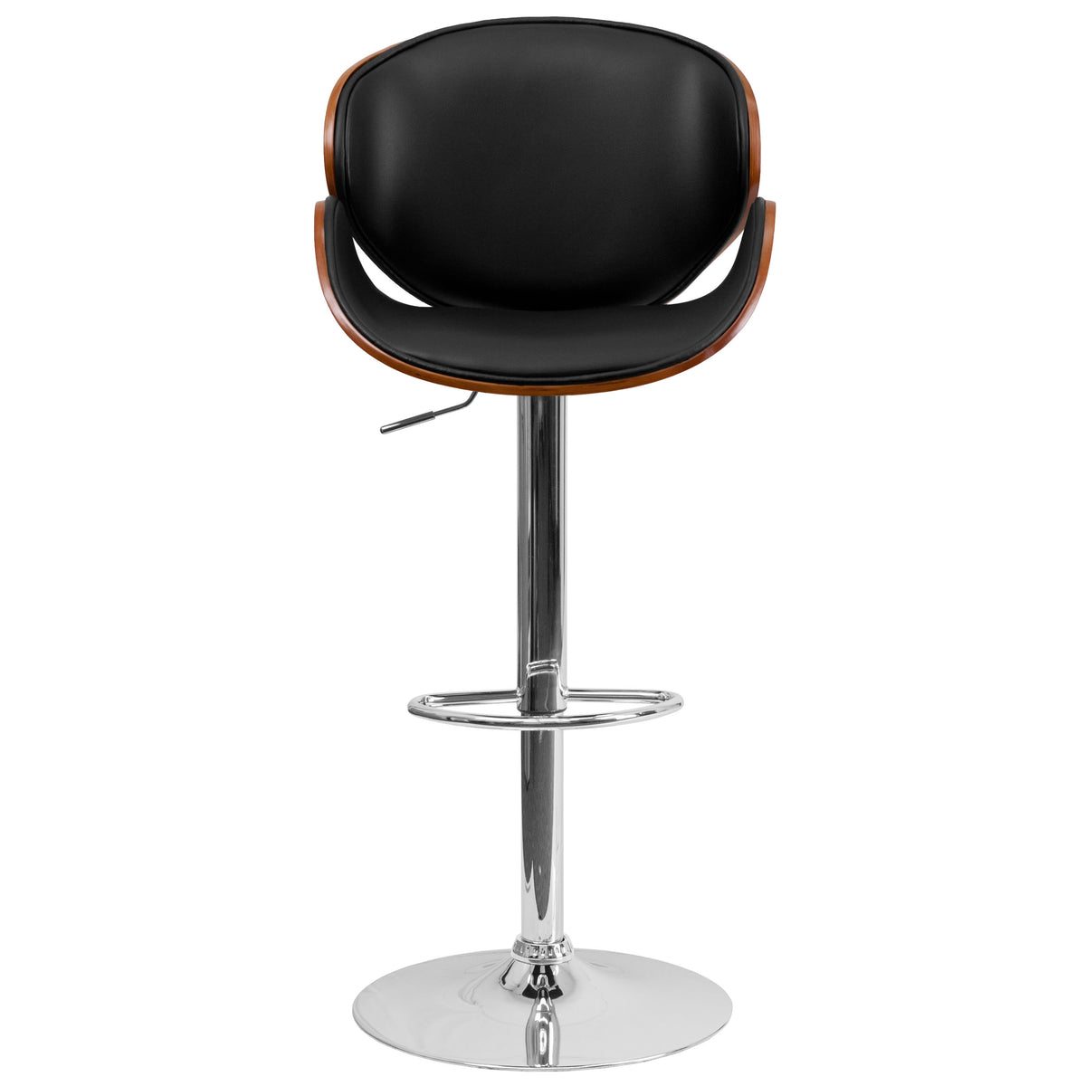 Walnut |#| Walnut Bentwood Adjustable Height Barstool with Curved Back and Black Vinyl Seat