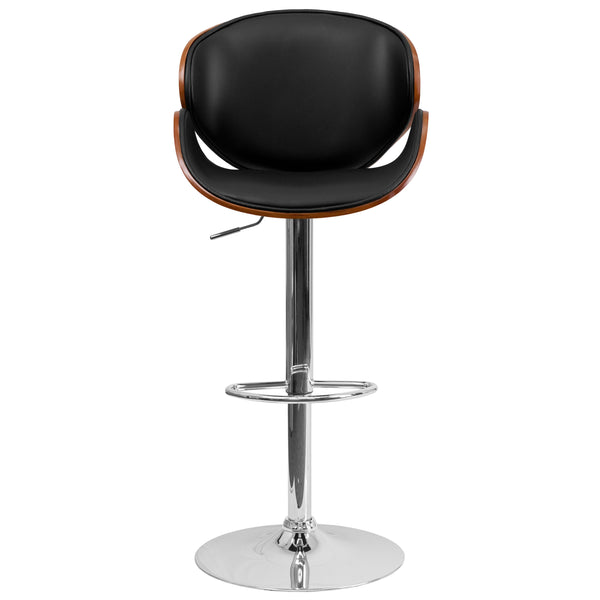 Walnut |#| Walnut Bentwood Adjustable Height Barstool with Curved Back and Black Vinyl Seat