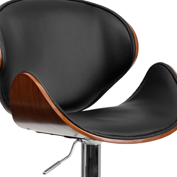 Walnut |#| Walnut Bentwood Adjustable Height Barstool with Curved Back and Black Vinyl Seat