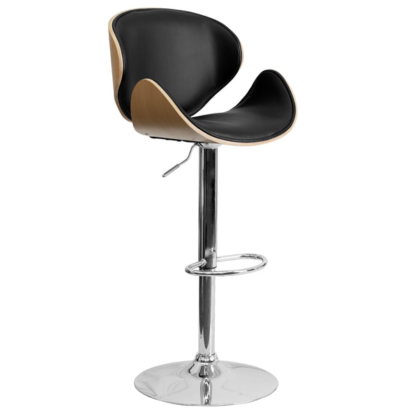 Beech |#| Beech Bentwood Adjustable Height Barstool with Curved Back and Black Vinyl Seat