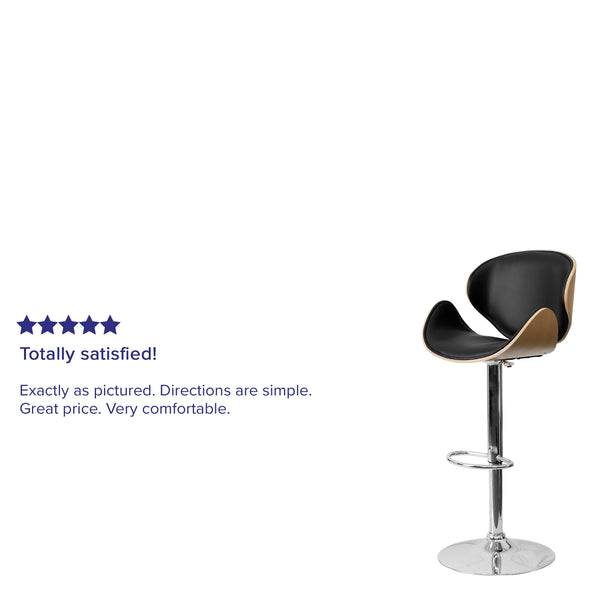 Beech |#| Beech Bentwood Adjustable Height Barstool with Curved Back and Black Vinyl Seat