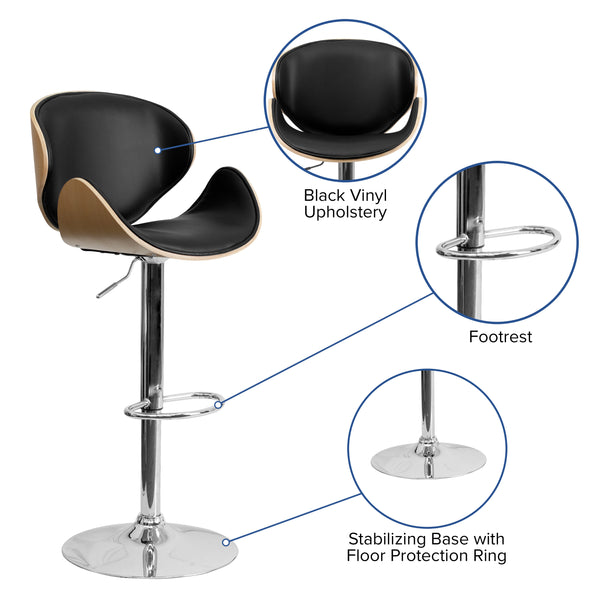 Beech |#| Beech Bentwood Adjustable Height Barstool with Curved Back and Black Vinyl Seat