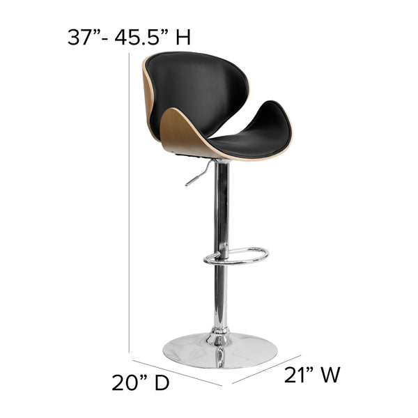 Beech |#| Beech Bentwood Adjustable Height Barstool with Curved Back and Black Vinyl Seat