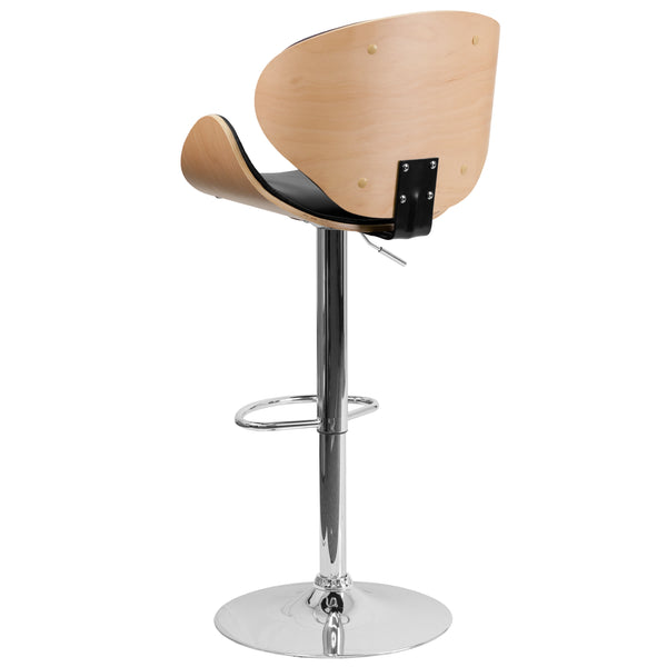 Beech |#| Beech Bentwood Adjustable Height Barstool with Curved Back and Black Vinyl Seat