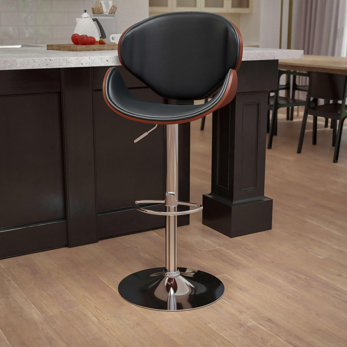 Walnut |#| Walnut Bentwood Adjustable Height Barstool with Curved Back and Black Vinyl Seat