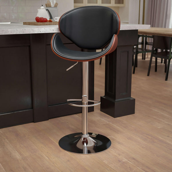 Walnut |#| Walnut Bentwood Adjustable Height Barstool with Curved Back and Black Vinyl Seat