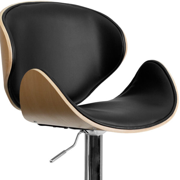 Beech |#| Beech Bentwood Adjustable Height Barstool with Curved Back and Black Vinyl Seat