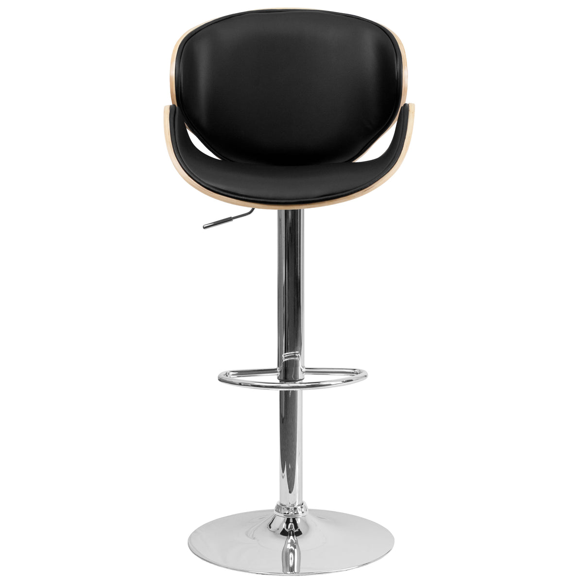 Beech |#| Beech Bentwood Adjustable Height Barstool with Curved Back and Black Vinyl Seat