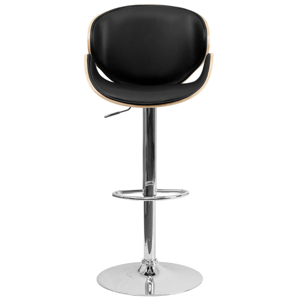 Beech |#| Beech Bentwood Adjustable Height Barstool with Curved Back and Black Vinyl Seat