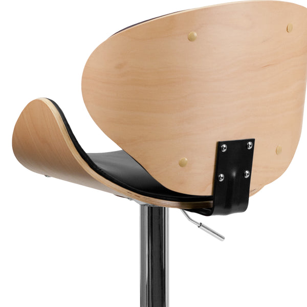 Beech |#| Beech Bentwood Adjustable Height Barstool with Curved Back and Black Vinyl Seat