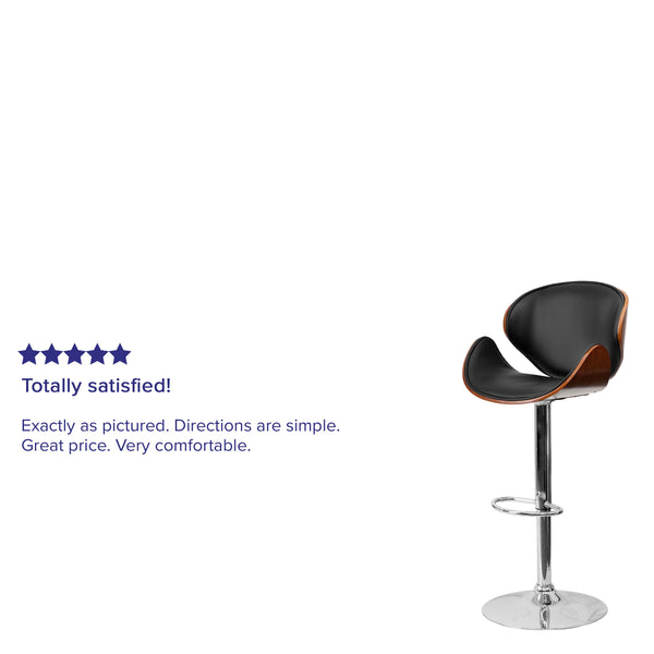 Walnut |#| Walnut Bentwood Adjustable Height Barstool with Curved Back and Black Vinyl Seat