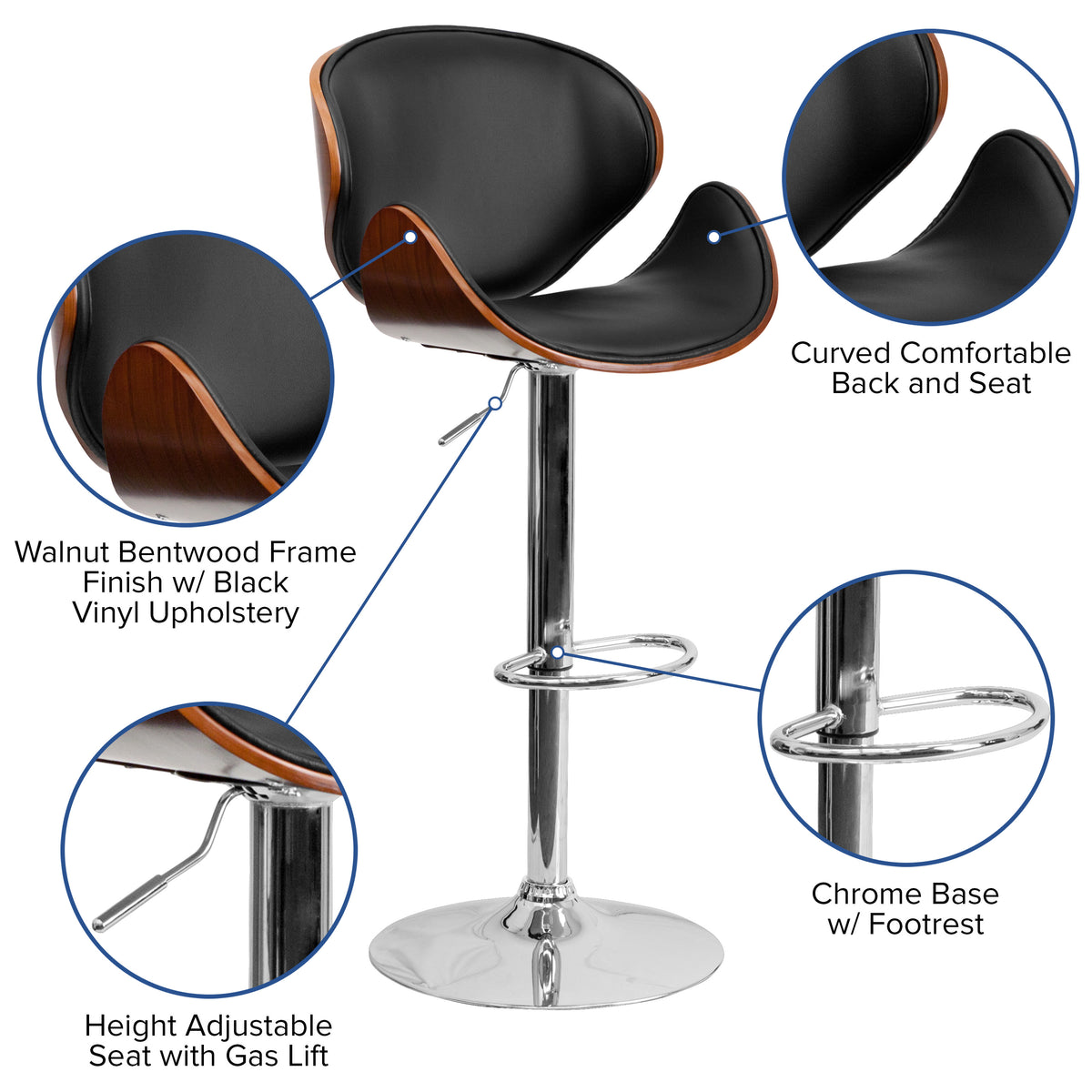 Walnut |#| Walnut Bentwood Adjustable Height Barstool with Curved Back and Black Vinyl Seat