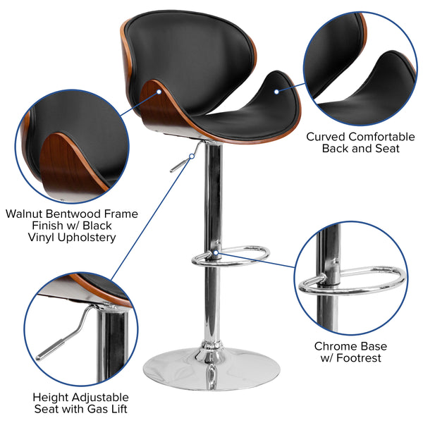 Walnut |#| Walnut Bentwood Adjustable Height Barstool with Curved Back and Black Vinyl Seat