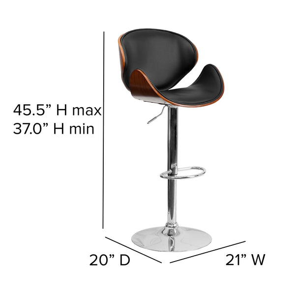 Walnut |#| Walnut Bentwood Adjustable Height Barstool with Curved Back and Black Vinyl Seat