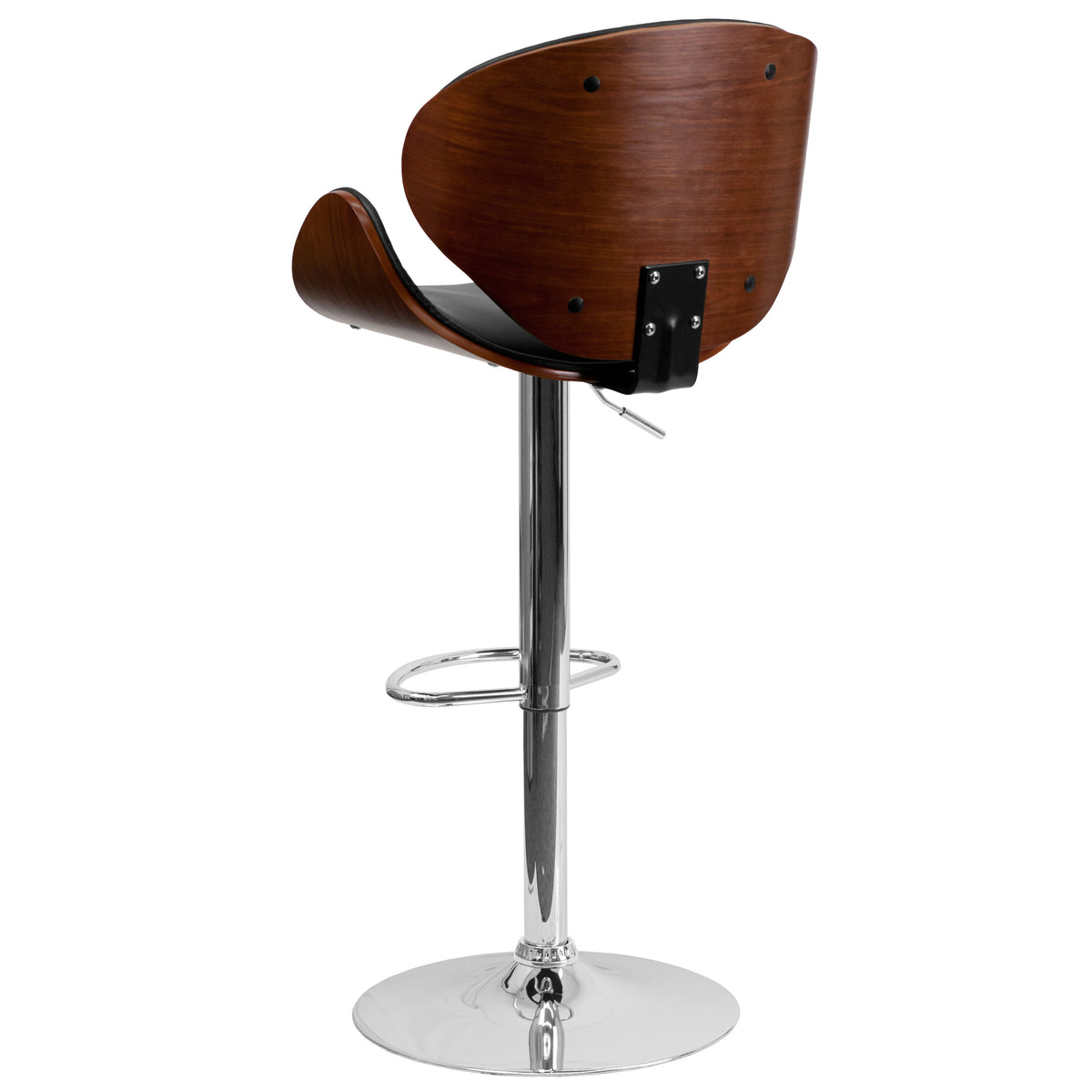 Walnut |#| Walnut Bentwood Adjustable Height Barstool with Curved Back and Black Vinyl Seat