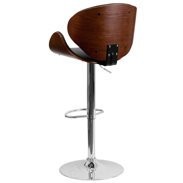 Walnut |#| Walnut Bentwood Adjustable Height Barstool with Curved Back and Black Vinyl Seat