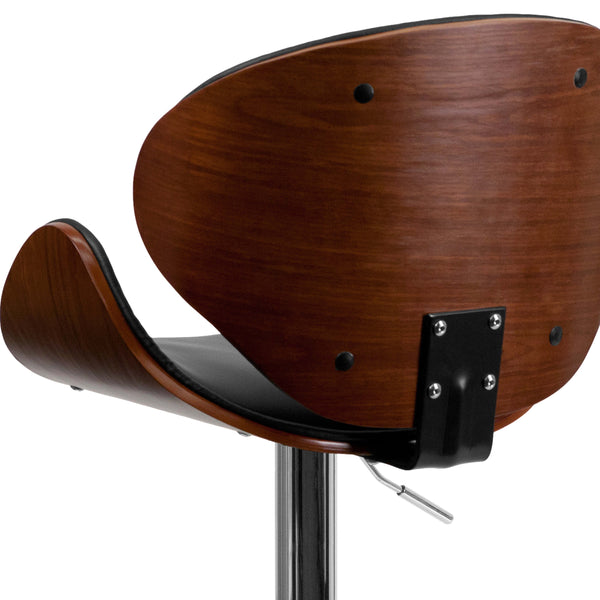Walnut |#| Walnut Bentwood Adjustable Height Barstool with Curved Back and Black Vinyl Seat
