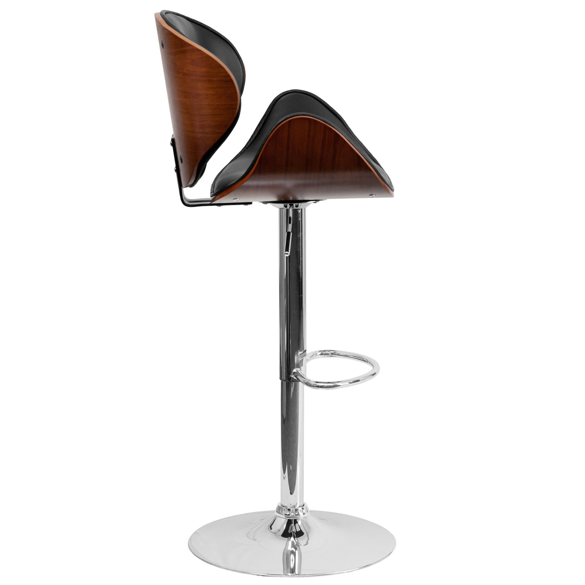 Walnut |#| Walnut Bentwood Adjustable Height Barstool with Curved Back and Black Vinyl Seat