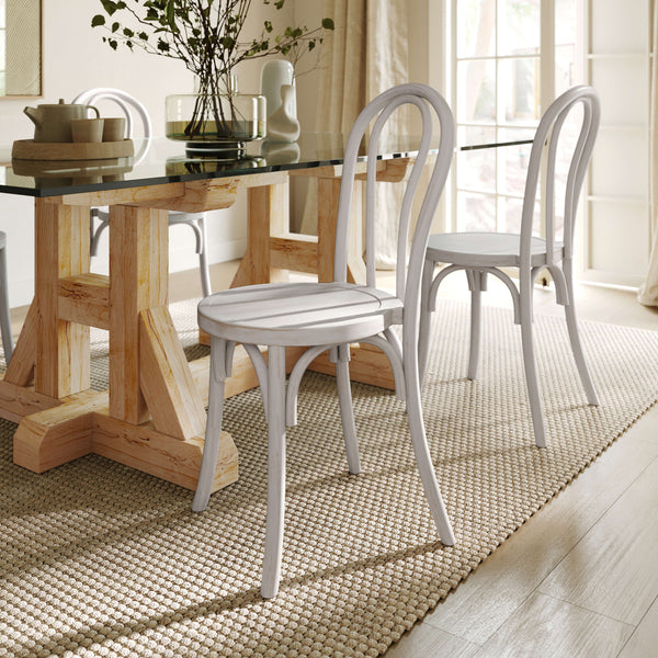 White Wash |#| Thonet Solid Wood Stackable Dining Chair with Fixed Floor Glides in White Wash