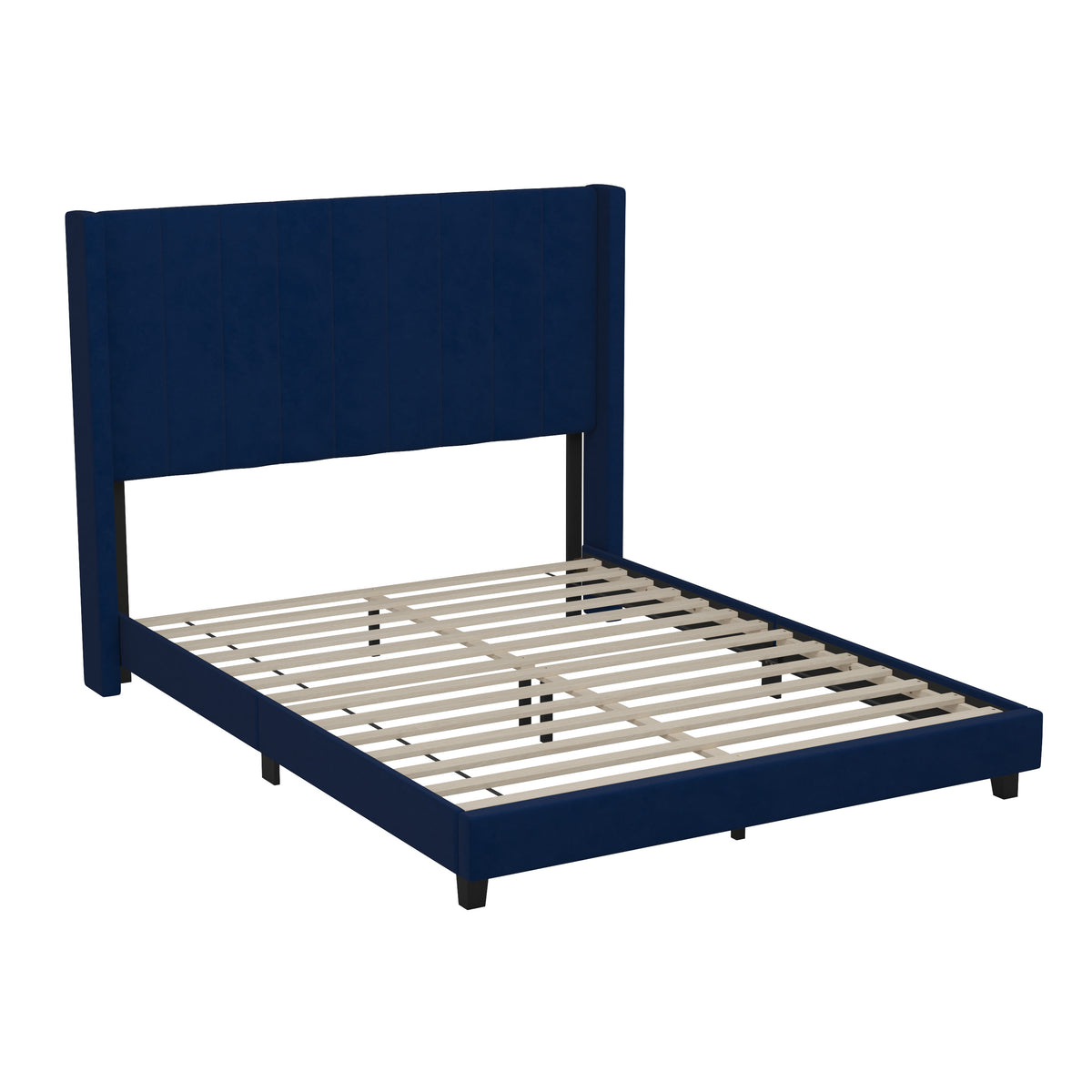 Navy Velvet,Queen |#| Queen Size Upholstered Platform Bed with Wingback Headboard - Navy Velvet