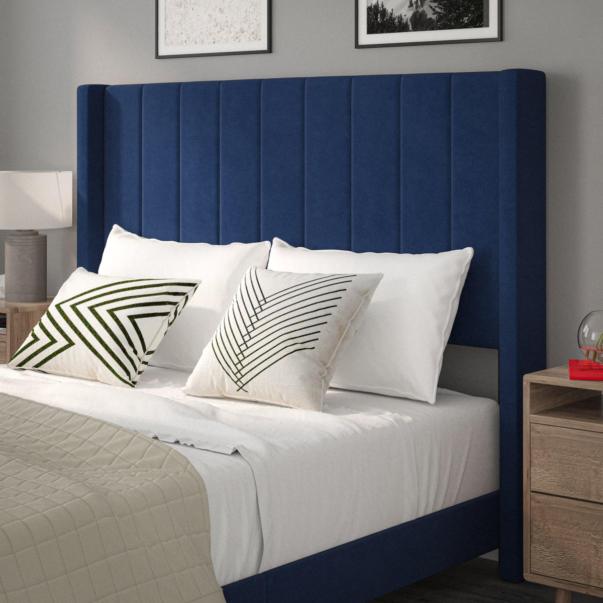 Navy Velvet,Queen |#| Queen Size Upholstered Platform Bed with Wingback Headboard - Navy Velvet