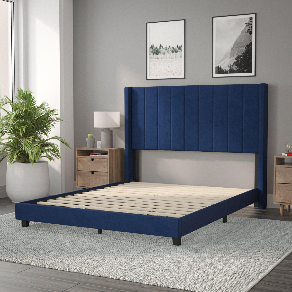 Navy Velvet,Queen |#| Queen Size Upholstered Platform Bed with Wingback Headboard - Navy Velvet