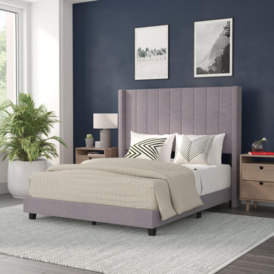 Bianca Upholstered Platform Bed with Vertical Stitched Wingback Headboard, Slatted Mattress Foundation, No Box Spring Needed