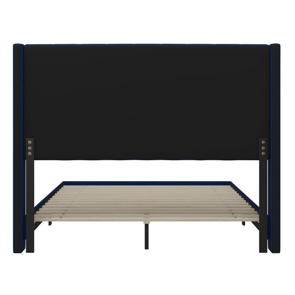 Navy Velvet,Queen |#| Queen Size Upholstered Platform Bed with Wingback Headboard - Navy Velvet