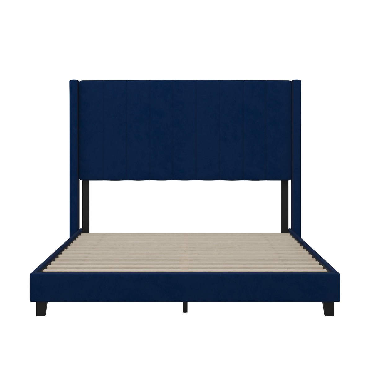 Navy Velvet,Queen |#| Queen Size Upholstered Platform Bed with Wingback Headboard - Navy Velvet