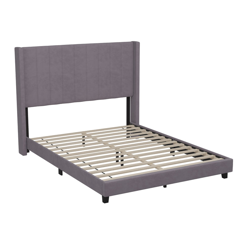 Gray Velvet,Queen |#| Queen Size Upholstered Platform Bed with Wingback Headboard - Gray Velvet