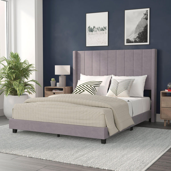 Gray Velvet,Queen |#| Queen Size Upholstered Platform Bed with Wingback Headboard - Gray Velvet