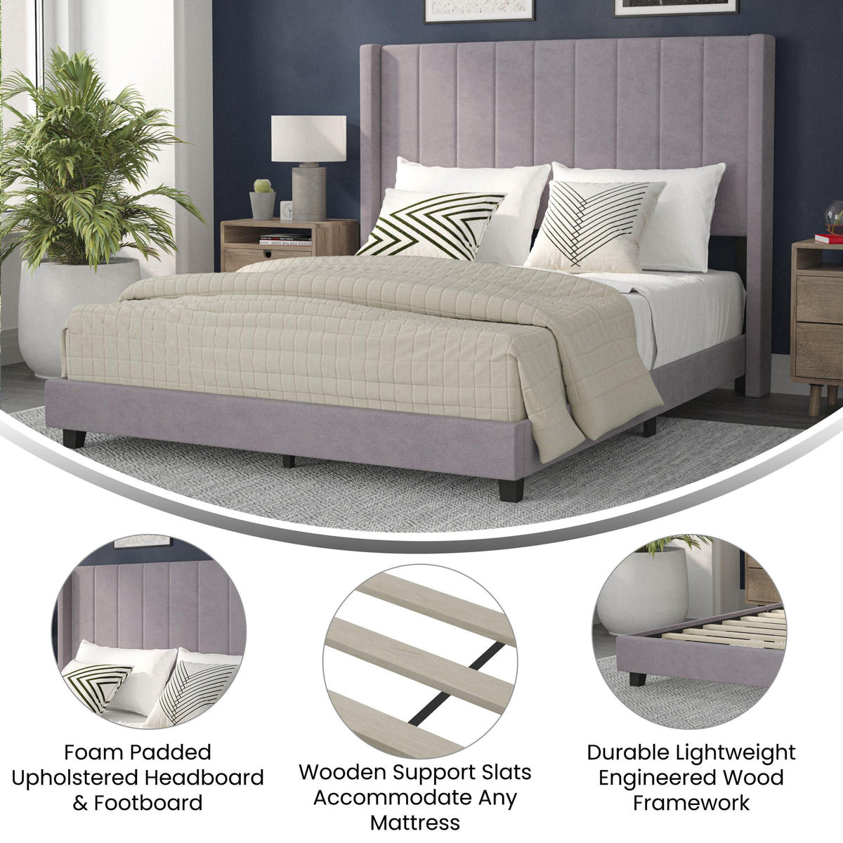 Gray Velvet,Queen |#| Queen Size Upholstered Platform Bed with Wingback Headboard - Gray Velvet