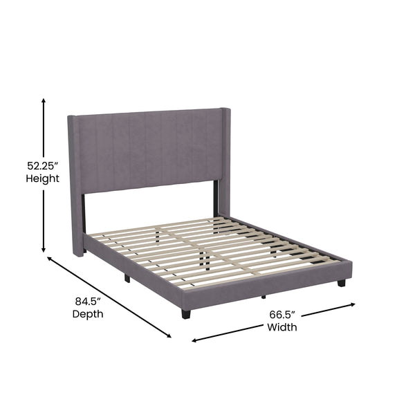 Gray Velvet,Queen |#| Queen Size Upholstered Platform Bed with Wingback Headboard - Gray Velvet