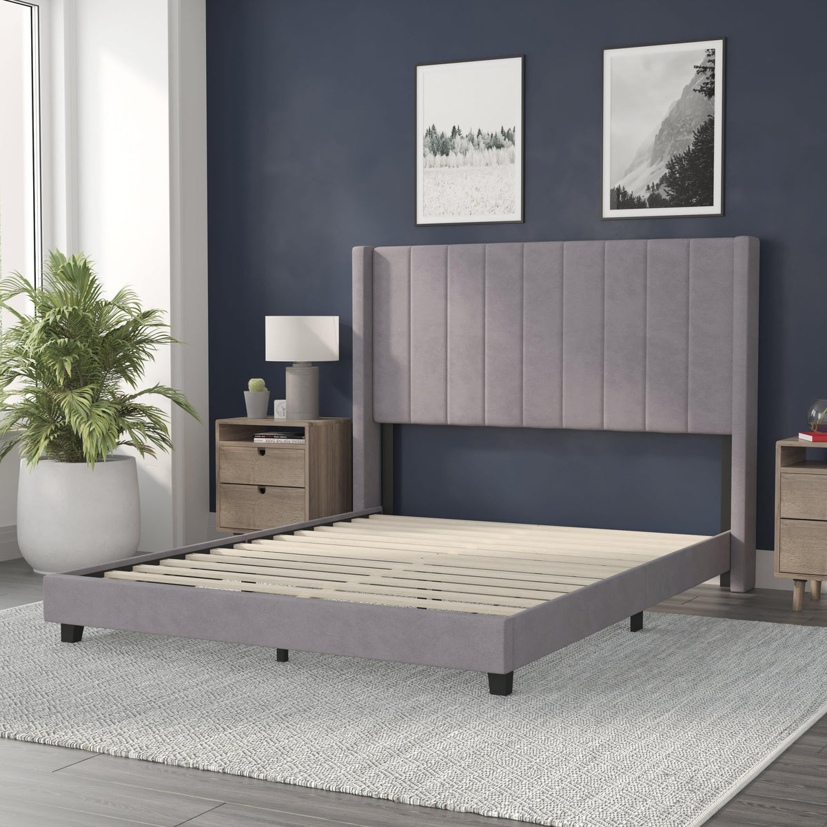 Gray Velvet,Queen |#| Queen Size Upholstered Platform Bed with Wingback Headboard - Gray Velvet