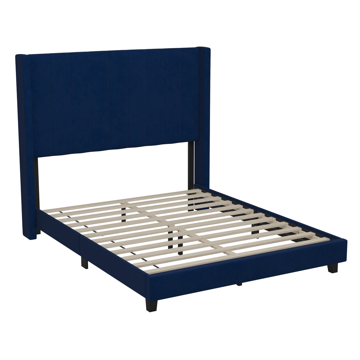 Navy Velvet,Full |#| Full Size Upholstered Platform Bed with Wingback Headboard - Navy Velvet