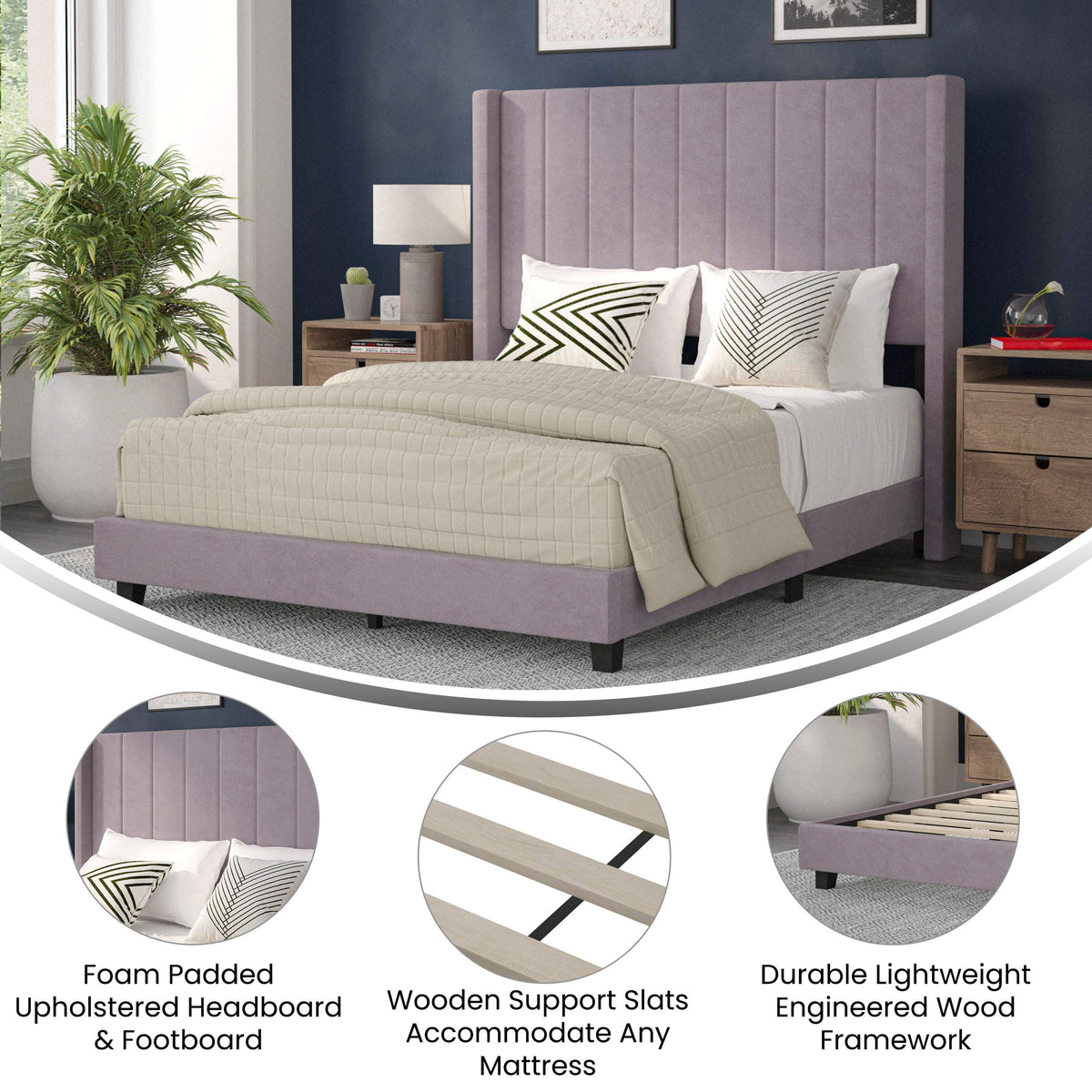 Gray Velvet,Full |#| Full Size Upholstered Platform Bed with Wingback Headboard - Gray Velvet